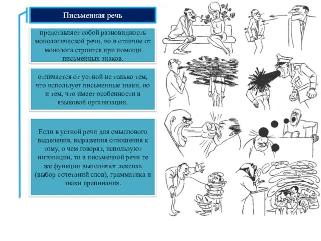 Письменная речь представляет собой разновидность монологической речи, но в отличие от монолога