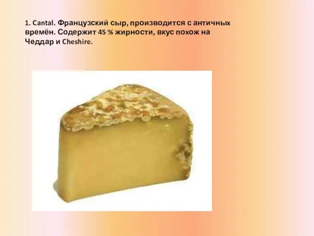 1. Cantal. Французский сыр, производится с античныx времён. Содержит 45 % жирности,