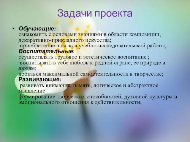 Задачи проекта Обучающие: ознакомить с основами знаниями в области композиции, декоративно-прикладного искусства;