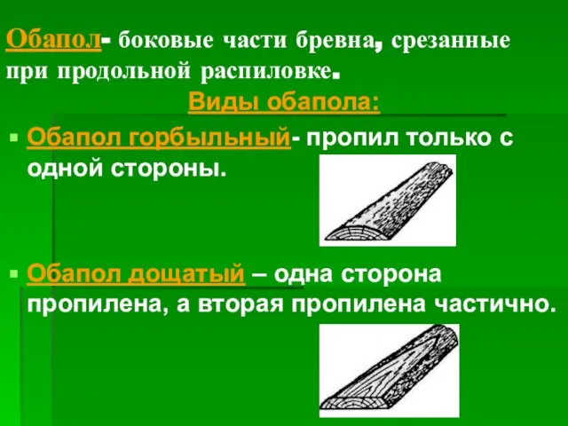 Обапол- боковые части бревна, срезанные при продольной распиловке. Виды обапола: Обапол горбыльный-