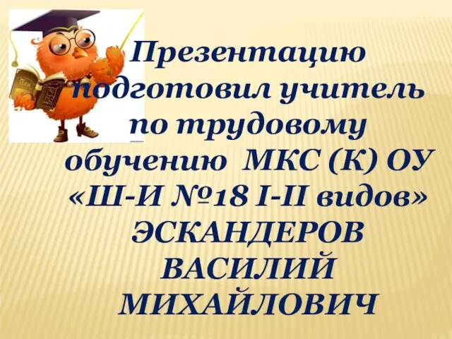 Презентацию подготовил учитель по трудовому обучению МКС (К) ОУ «Ш-И №18 I-II видов» ЭСКАНДЕРОВ ВАСИЛИЙ МИХАЙЛОВИЧ