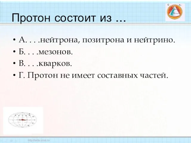 Протон состоит из ... А. . . .нейтрона, позитрона и нейтрино. Б.