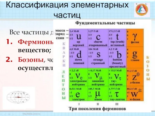 Классификация элементарных частиц Все частицы делятся на два класса: Фермионы, которые составляют