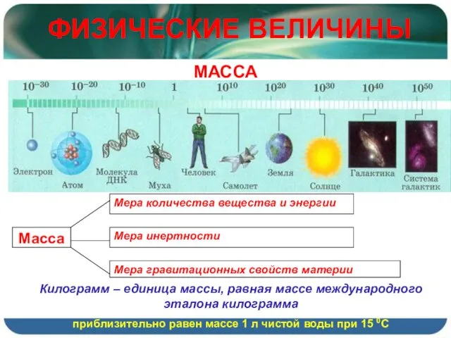 ФИЗИЧЕСКИЕ ВЕЛИЧИНЫ МАССА Килограмм – единица массы, равная массе международного эталона килограмма