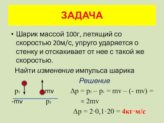 ЗАДАЧА Шарик массой 100г, летящий со скоростью 20м/с, упруго ударяется о стенку