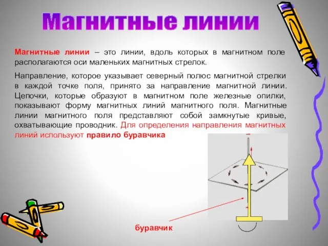 Магнитные линии – это линии, вдоль которых в магнитном поле располагаются оси