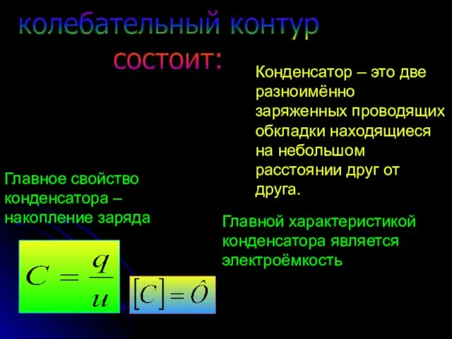 Конденсатор – это две разноимённо заряженных проводящих обкладки находящиеся на небольшом расстоянии