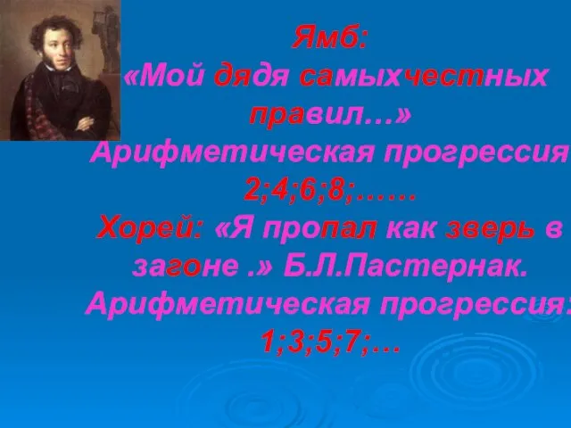 Ямб: «Мой дядя самыхчестных правил…» Арифметическая прогрессия: 2;4;6;8;…… Хорей: «Я пропал как