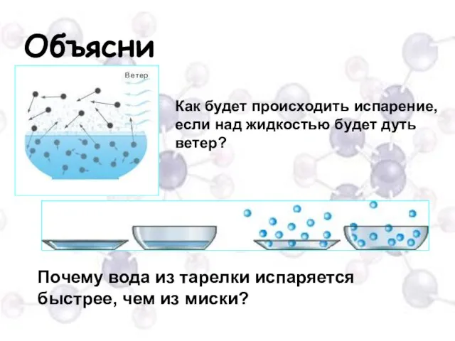 Объясни Как будет происходить испарение, если над жидкостью будет дуть ветер? Почему