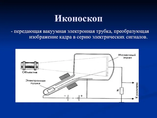 Иконоскоп - передающая вакуумная электронная трубка, преобразующая изображение кадра в серию электрических сигналов.