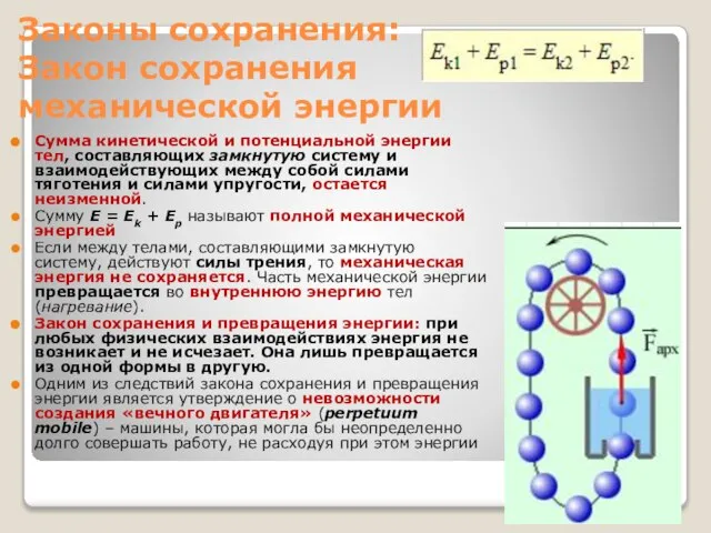 Законы сохранения: Закон сохранения механической энергии Сумма кинетической и потенциальной энергии тел,