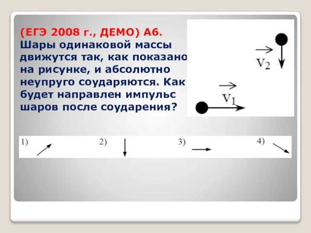 (ЕГЭ 2008 г., ДЕМО) А6. Шары одинаковой массы движутся так, как показано
