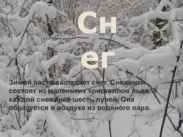 СНЕГ Зимой часто выпадает снег. Снежинки состоят из маленьких кристаллов льда. У