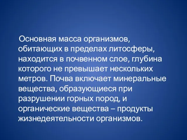 Основная масса организмов, обитающих в пределах литосферы, находится в почвенном слое, глубина