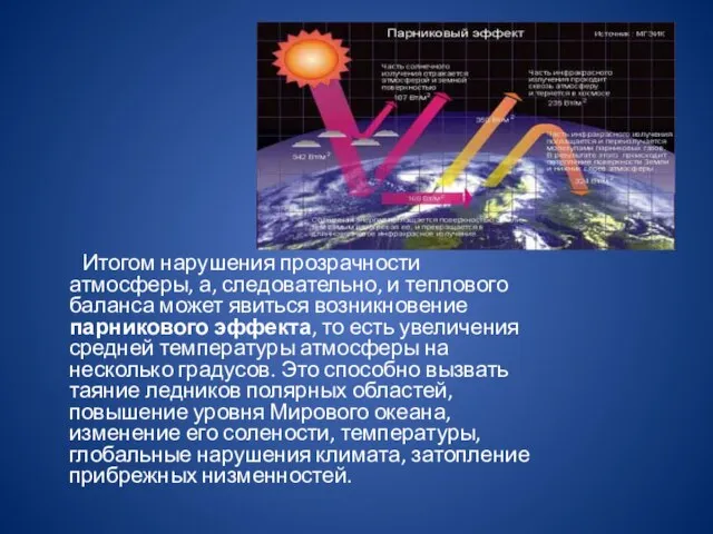 Итогом нарушения прозрачности атмосферы, а, следовательно, и теплового баланса может явиться возникновение