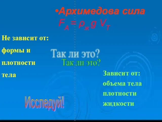 Архимедова сила FA = ρж g VТ Не зависит от: формы и