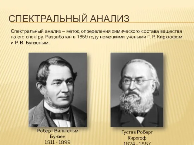 Спектральный анализ Густав Роберт Кирхгоф 1824 - 1887 Роберт Вильгельм Бунзен 1811