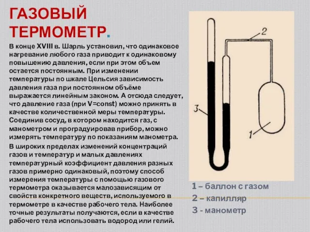 ГАЗОВЫЙ ТЕРМОМЕТР. В конце XVIII в. Шарль установил, что одинаковое нагревание любого