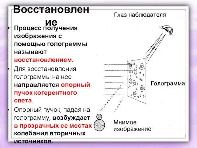 Восстановление Процесс получения изображения с помощью голограммы называют восстановлением. Для восстановления голограммы