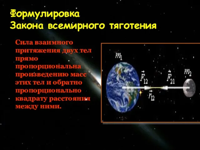 Формулировка Закона всемирного тяготения Сила взаимного притяжения двух тел прямо пропорциональна произведению