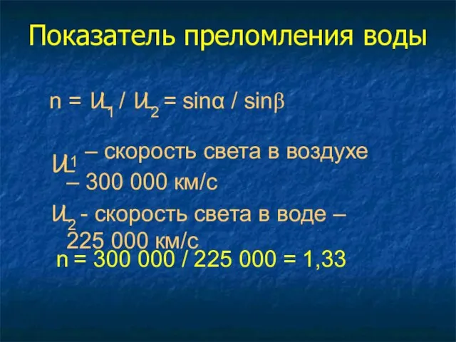 Показатель преломления воды n = U1 / U2 = sinα / sinβ