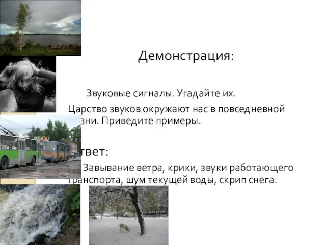 Демонстрация: Звуковые сигналы. Угадайте их. Царство звуков окружают нас в повседневной жизни.