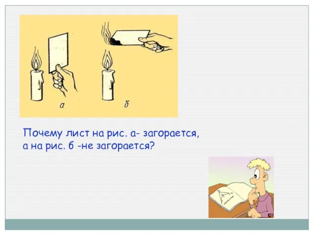 Почему лист на рис. а- загорается, а на рис. б -не загорается?