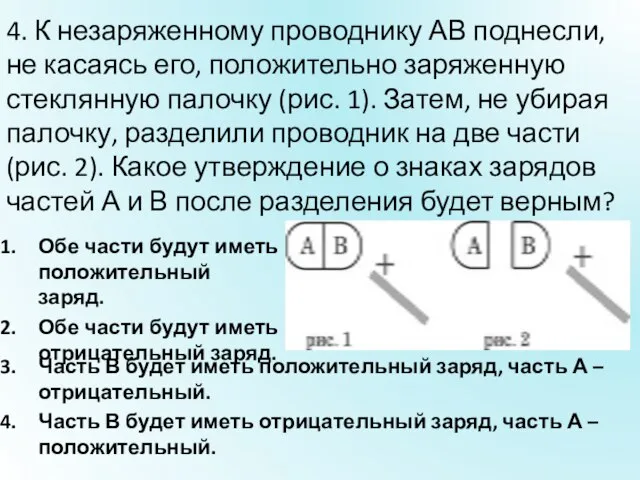 4. К незаряженному проводнику АВ поднесли, не касаясь его, положительно заряженную стеклянную