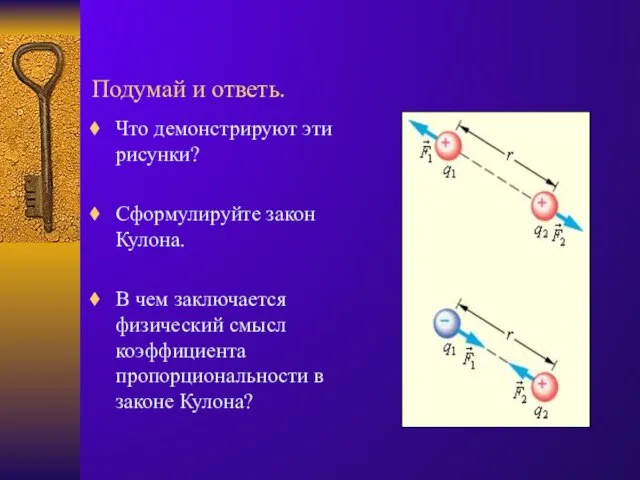 Подумай и ответь. Что демонстрируют эти рисунки? Сформулируйте закон Кулона. В чем