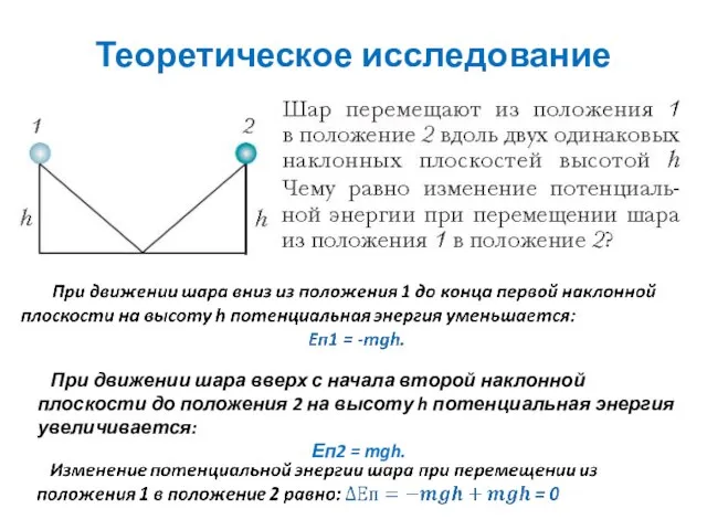 Теоретическое исследование При движении шара вверх с начала второй наклонной плоскости до