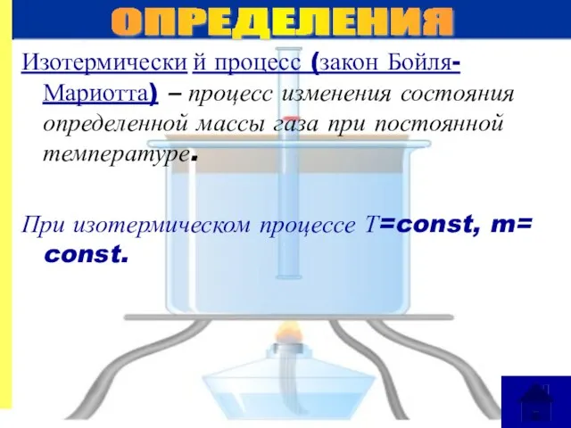 Изотермически й процесс (закон Бойля-Мариотта) – процесс изменения состояния определенной массы газа