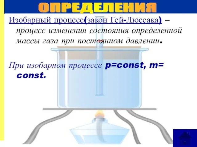 Изобарный процесс(закон Гей-Люссака) – процесс изменения состояния определенной массы газа при постоянном