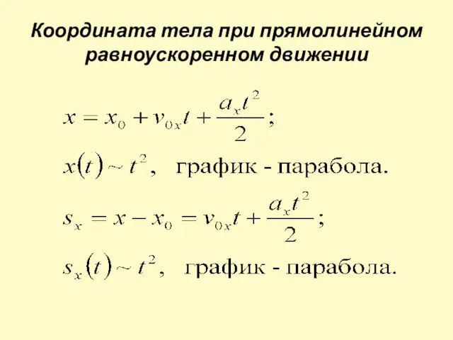 Координата тела при прямолинейном равноускоренном движении