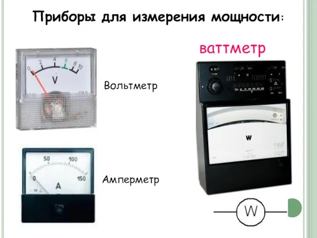 Приборы для измерения мощности: ваттметр Вольтметр Амперметр