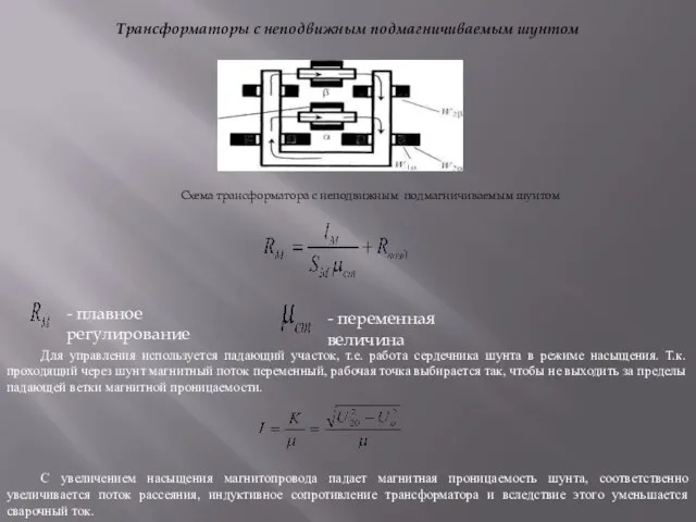 Трансформаторы с неподвижным подмагничиваемым шунтом Схема трансформатора с неподвижным подмагничиваемым шунтом -