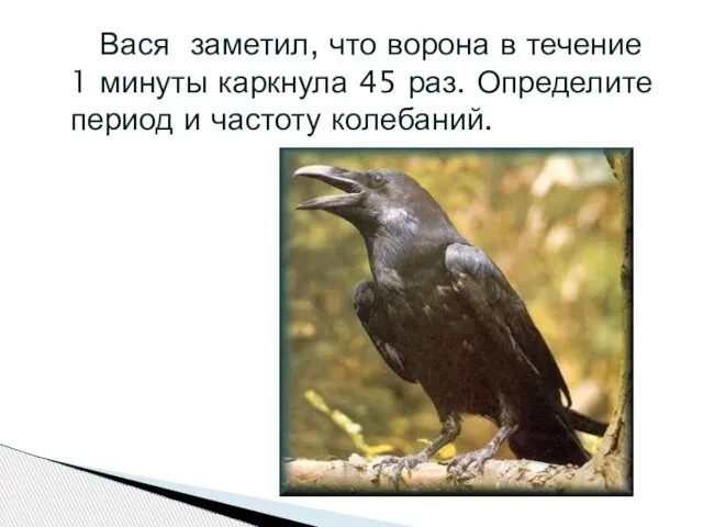 Вася заметил, что ворона в течение 1 минуты каркнула 45 раз. Определите период и частоту колебаний.