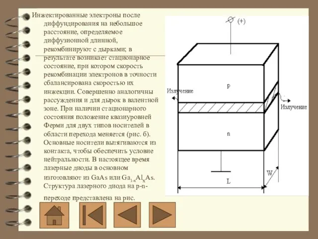 Инжектированные электроны после диффундирования на небольшое расстояние, определяемое диффузионной длинной, рекомбинируют с