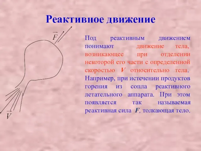 Реактивное движение Под реактивным движением понимают движение тела, возникающее при отделении некоторой