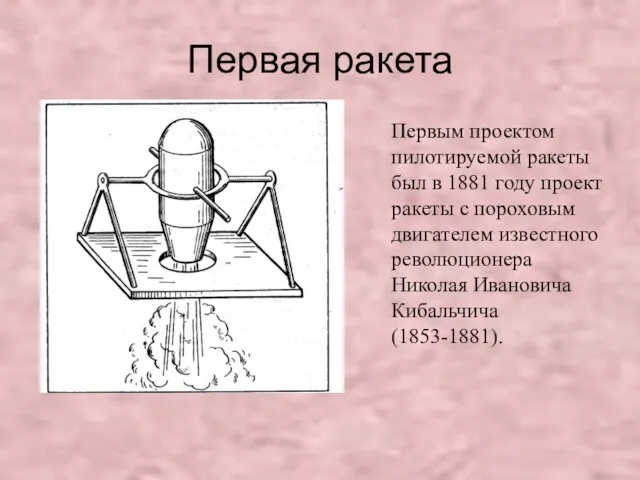 Первым проектом пилотируемой ракеты был в 1881 году проект ракеты с пороховым