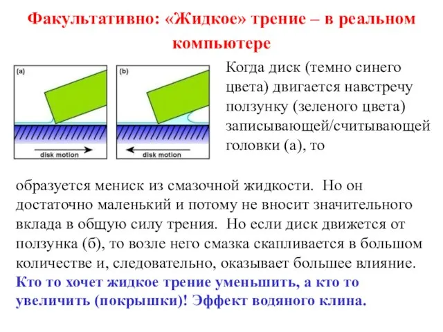 Факультативно: «Жидкое» трение – в реальном компьютере образуется мениск из смазочной жидкости.