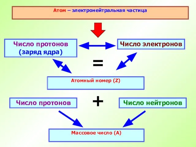 Атом – электронейтральная частица Число протонов (заряд ядра) Атомный номер (Z) Число