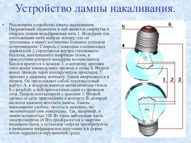 Устройство лампы накаливания. Рассмотрим устройство лампы накаливания. Нагреваемым элементом в ней является