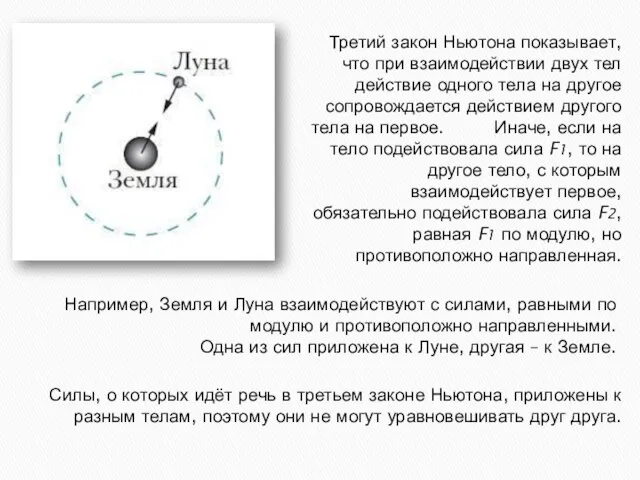 Например, Земля и Луна взаимодействуют с силами, равными по модулю и противоположно