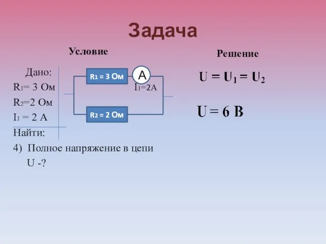 Задача Условие Дано: R1= 3 Ом I1=2А R2=2 Ом I1 = 2