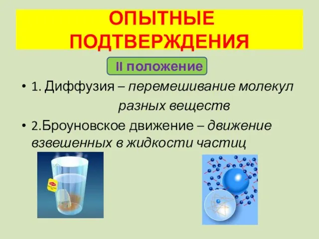 II положение 1. Диффузия – перемешивание молекул разных веществ 2.Броуновское движение –