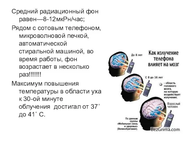 Средний радиационный фон равен—8-12мкРн/час; Рядом с сотовым телефоном, микроволновой печкой, автоматической стиральной