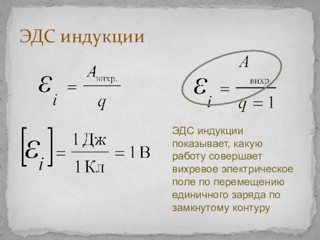 ЭДС индукции ЭДС индукции показывает, какую работу совершает вихревое электрическое поле по