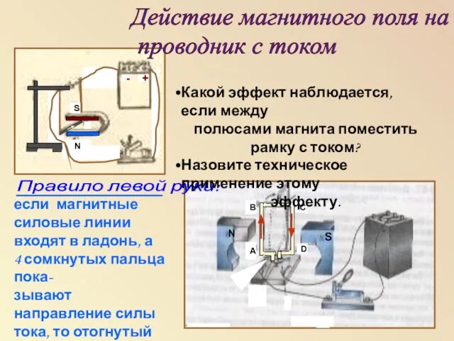 Действие магнитного поля на проводник с током S N - + Правило