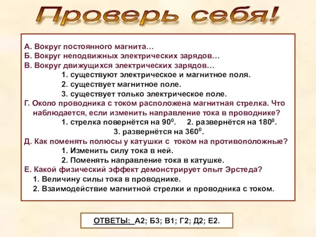 Проверь себя! А. Вокруг постоянного магнита… Б. Вокруг неподвижных электрических зарядов… В.