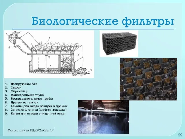 Биологические фильтры Дозирующий бак Сифон Спринклер Магистральная труба Распределительные трубы Дренаж из